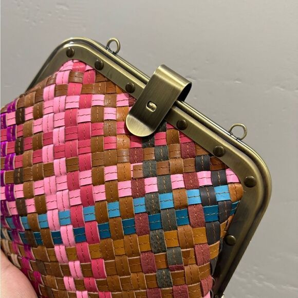 Colorful Genuine Woven Leather Retro Metal Frame & Push Lock Handbag, Crossbody - Picture 13 of 16